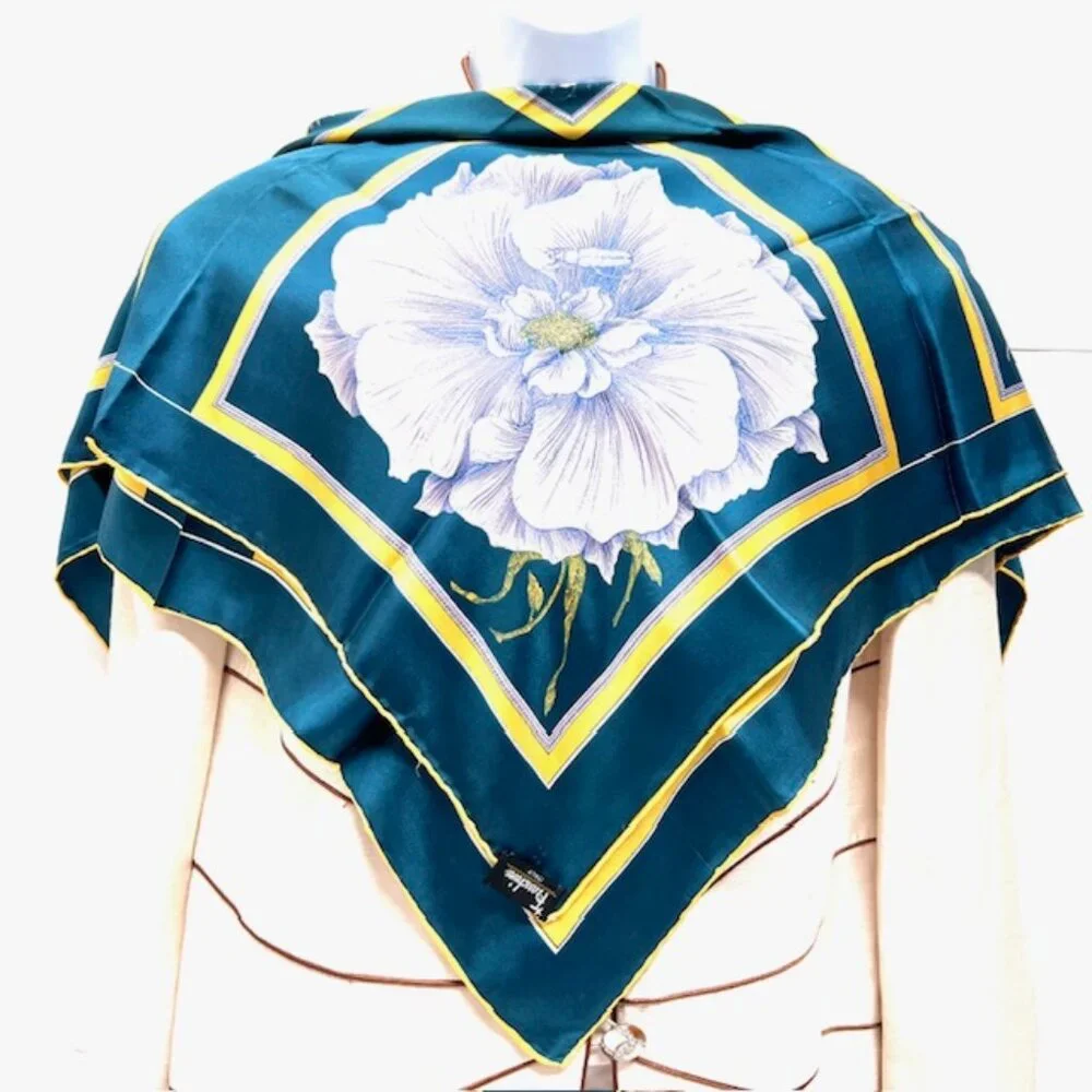 Unused Italy Scarf Franchino Silk Teal Blue Gold Purple Floral 31" x31" (23 - Picture 4 of 10